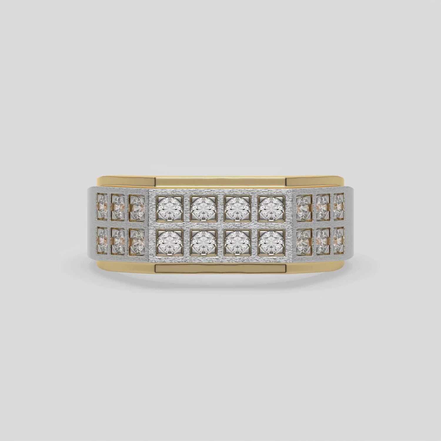 This two-tone dual row diamond ring features two rows of round brilliant-cut diamonds set in a shared prong setting