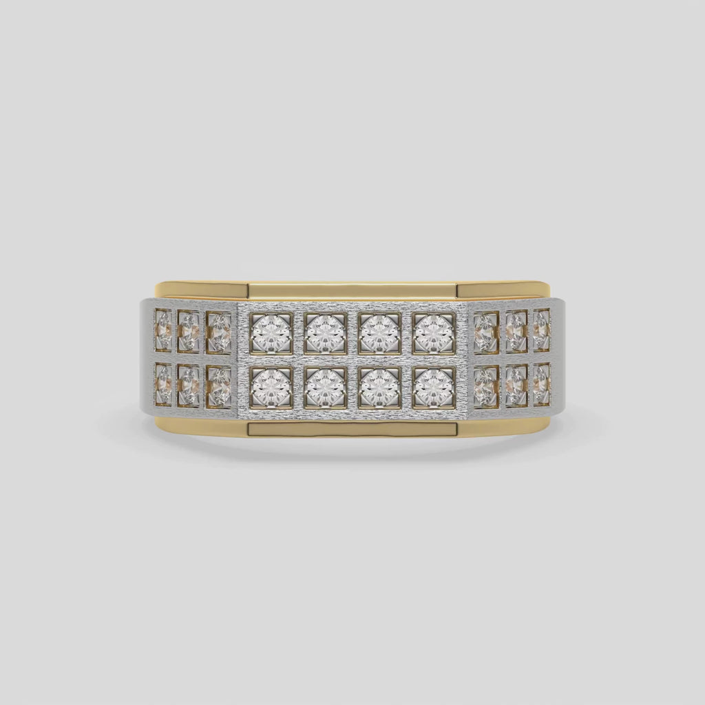 This two-tone dual row diamond ring features two rows of round brilliant-cut diamonds set in a shared prong setting