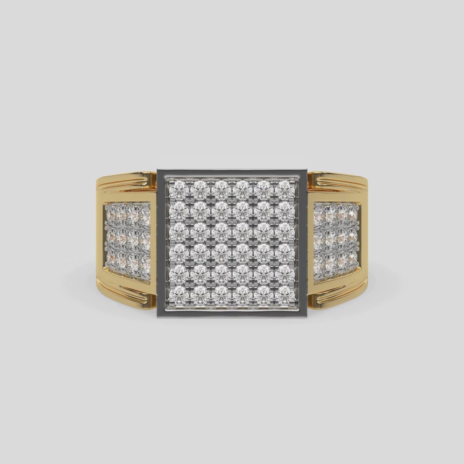 This video features a yellow gold Square shape diamond signet ring made with a cluster of round brilliant-cut diamonds arranged to form a square shape 