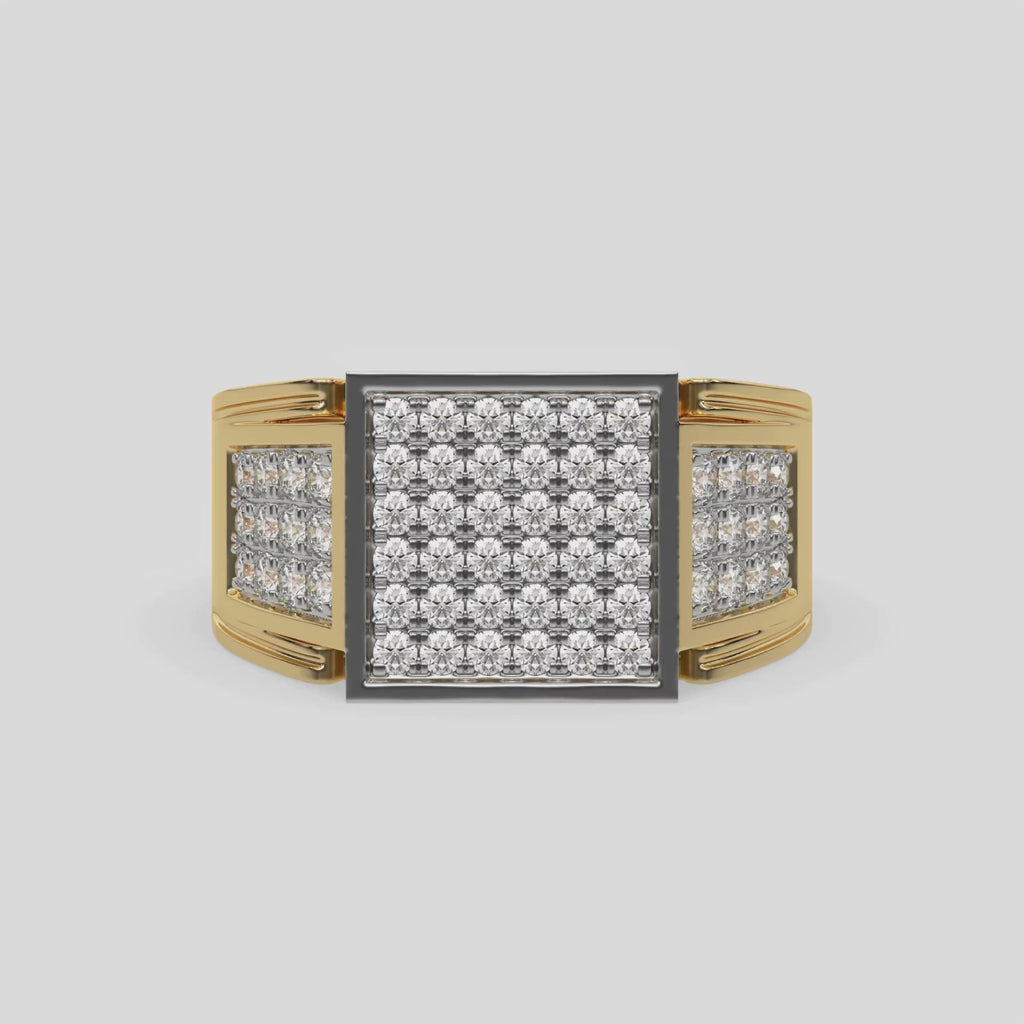 This video features a yellow gold Square shape diamond signet ring made with a cluster of round brilliant-cut diamonds arranged to form a square shape 