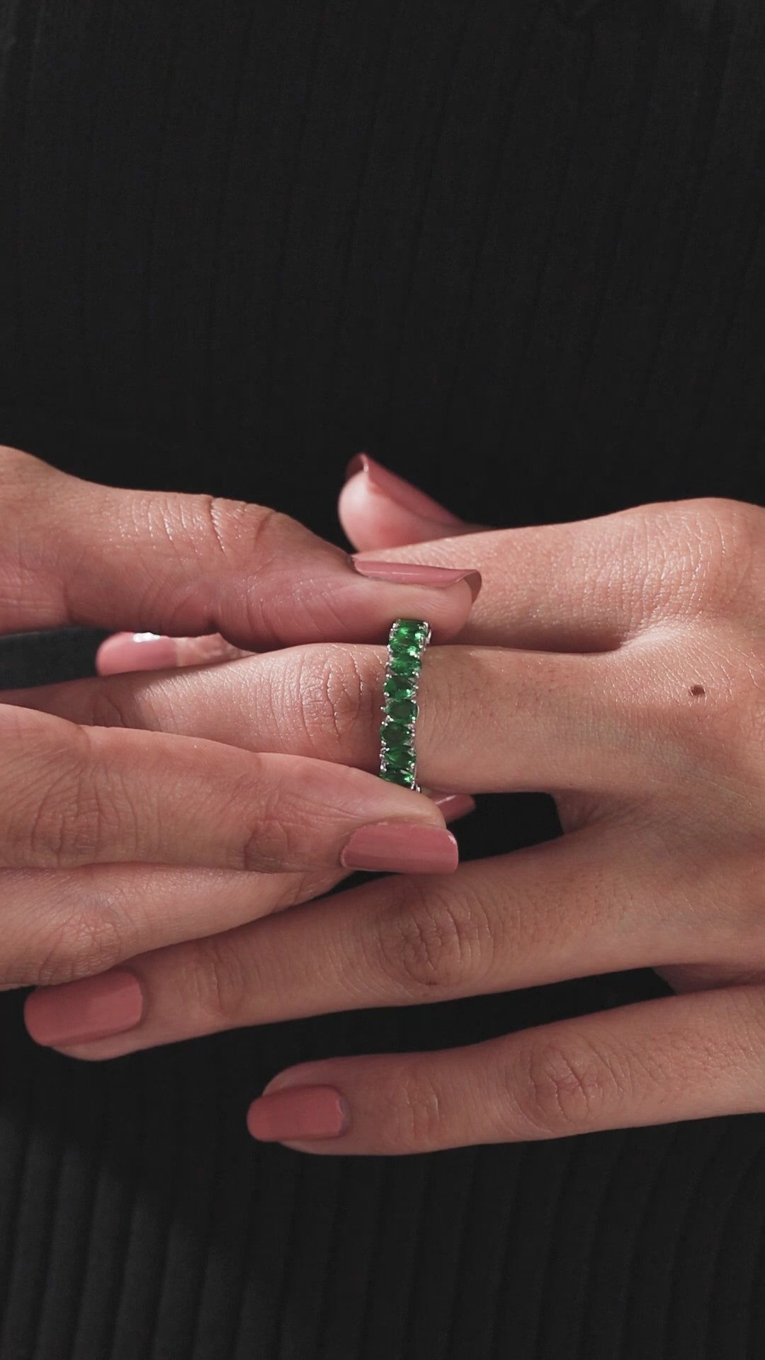 14K White Gold Pear Cut Emerald Gemstone Full Eternity Ring