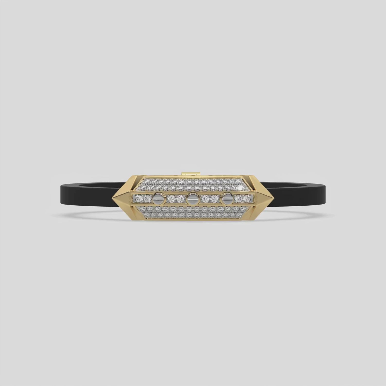 This video features a yellow gold infinity diamond rubber bracelet, a striking statement piece featuring two diamond rows on each end and a central bar line made with gold motifs and diamonds, all set in a prong setting