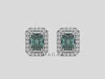 18k white gold Radiant Diamond Halo Earrings made with a fancy green radiant cut solitaire diamonds set in a four prong setting