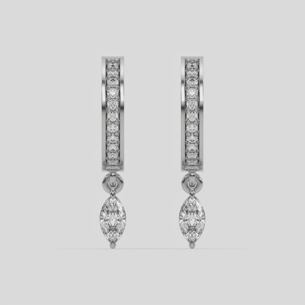 This video features a white gold Dangling Marquise Diamond Hoop Earrings handmade with round brilliant-cut diamonds in pave setting and a marquise solitaire hanging at the bottom