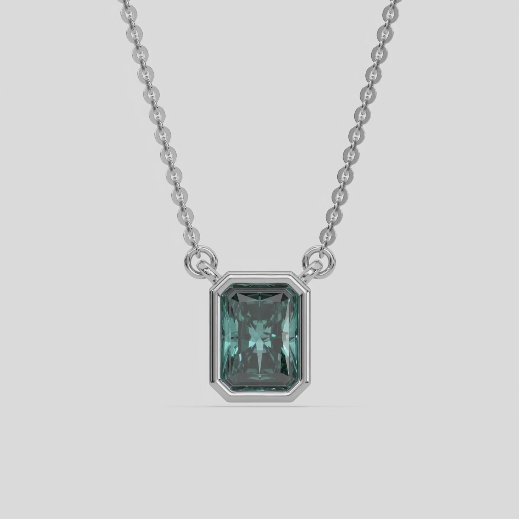 14K White Gold Fancy Green Radiant Solitaire Diamond Necklace