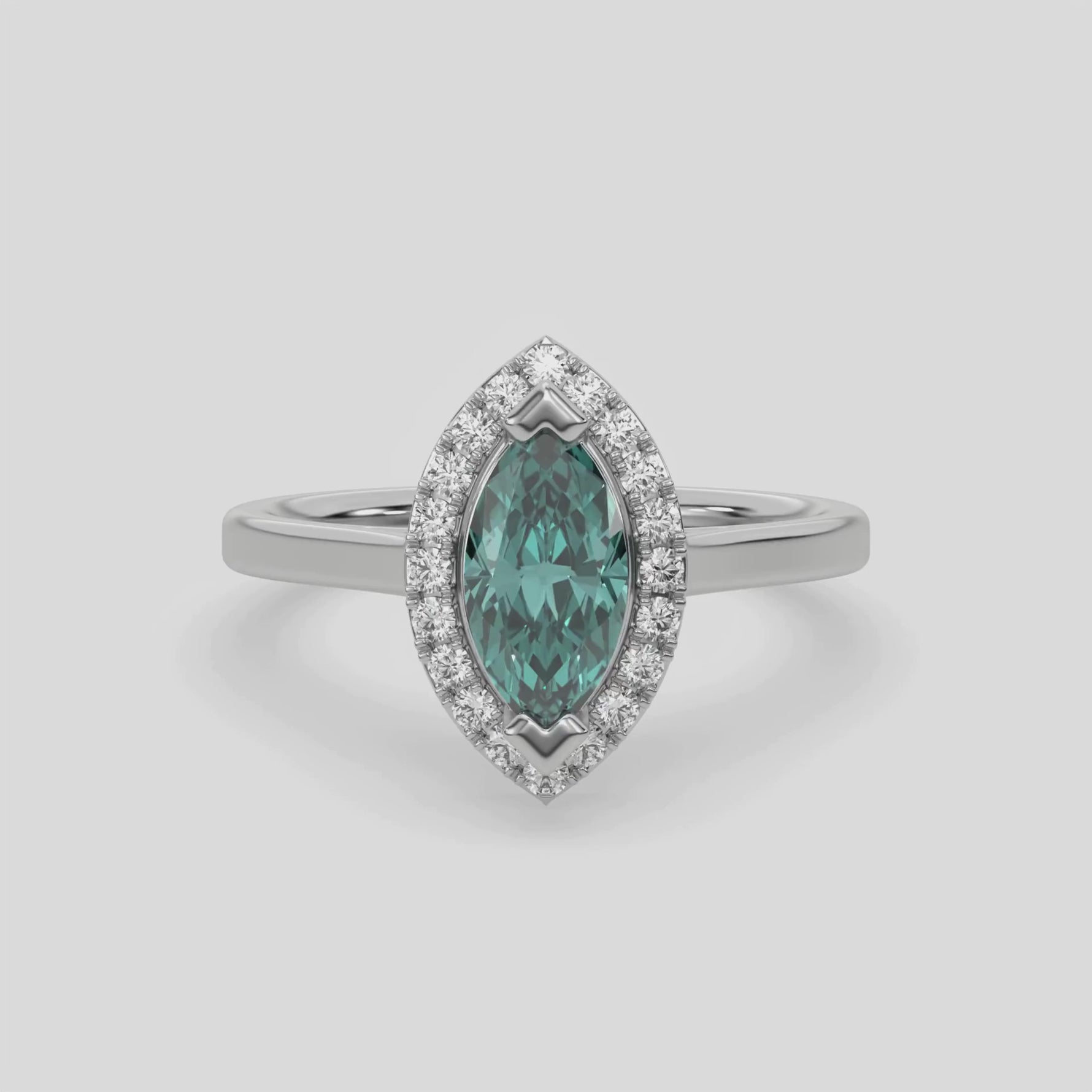 14K White Gold Fancy Green Marquise Diamond Halo Engagement Ring