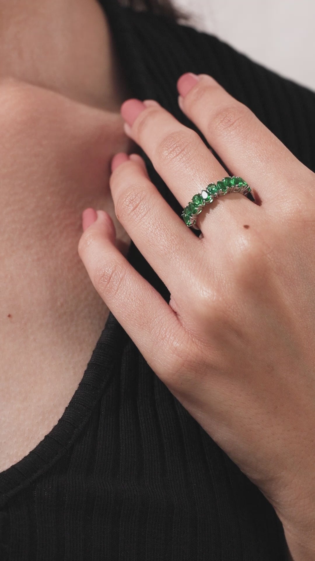 14K White Gold  Pear Cut Emerald Gemstone Half Eternity Ring