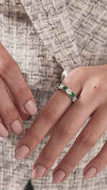 14K White Gold Asscher Half Emerald and Half Diamond Eternity Ring