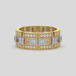 This modern two tone diamond eternity ring is made with round brilliant-cut diamonds, about 1.08 carats in total, set carefully in a mix of pave and flush settings