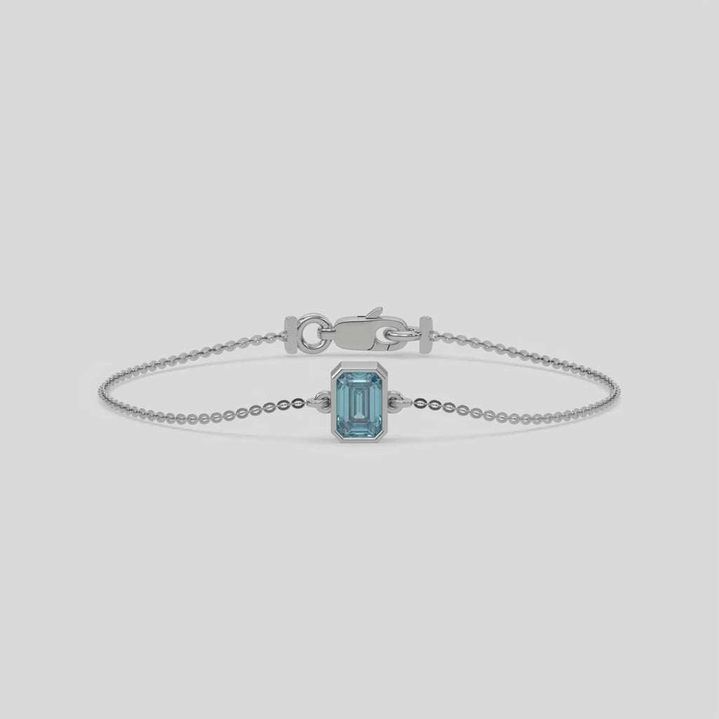 Fancy Blue Solitaire Emerald Diamond Bracelet made with fancy Blue emerald brilliant-cut diamond, securely set in bezel setting