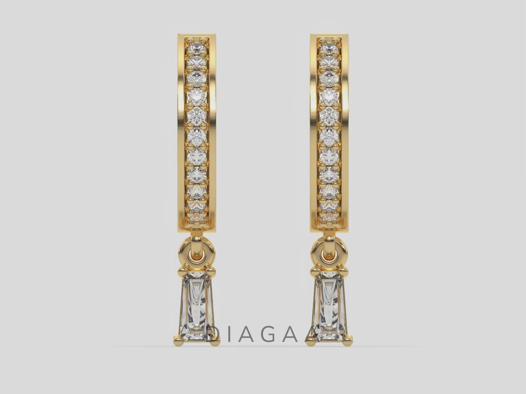 10k yellow gold dangling baguette diamond hoop earrings with round cut diamonds in pave setting and a baguette solitaire hanging at the bottom