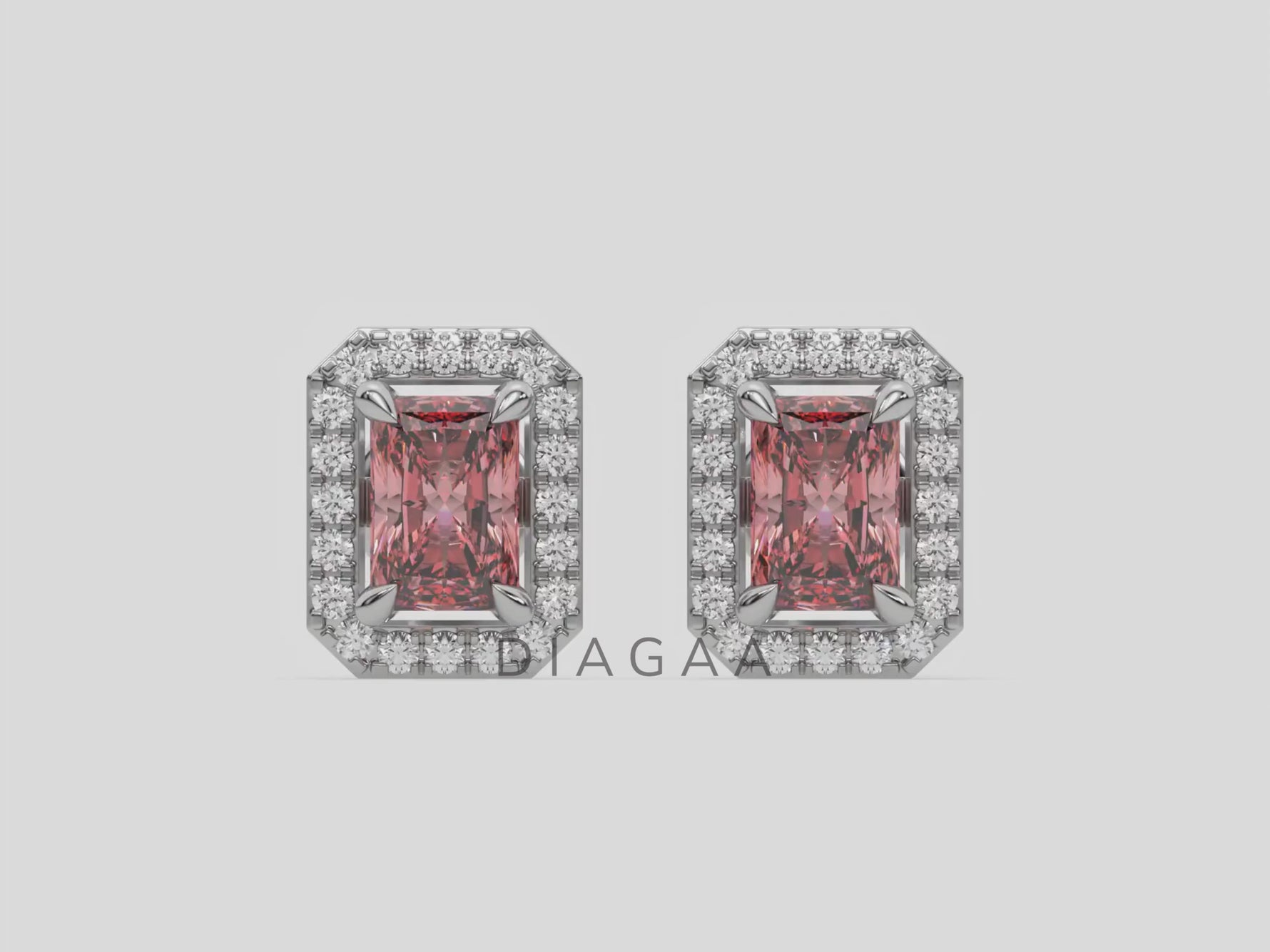 14K White Gold Radiant Halo Diamond Stud Earrings 