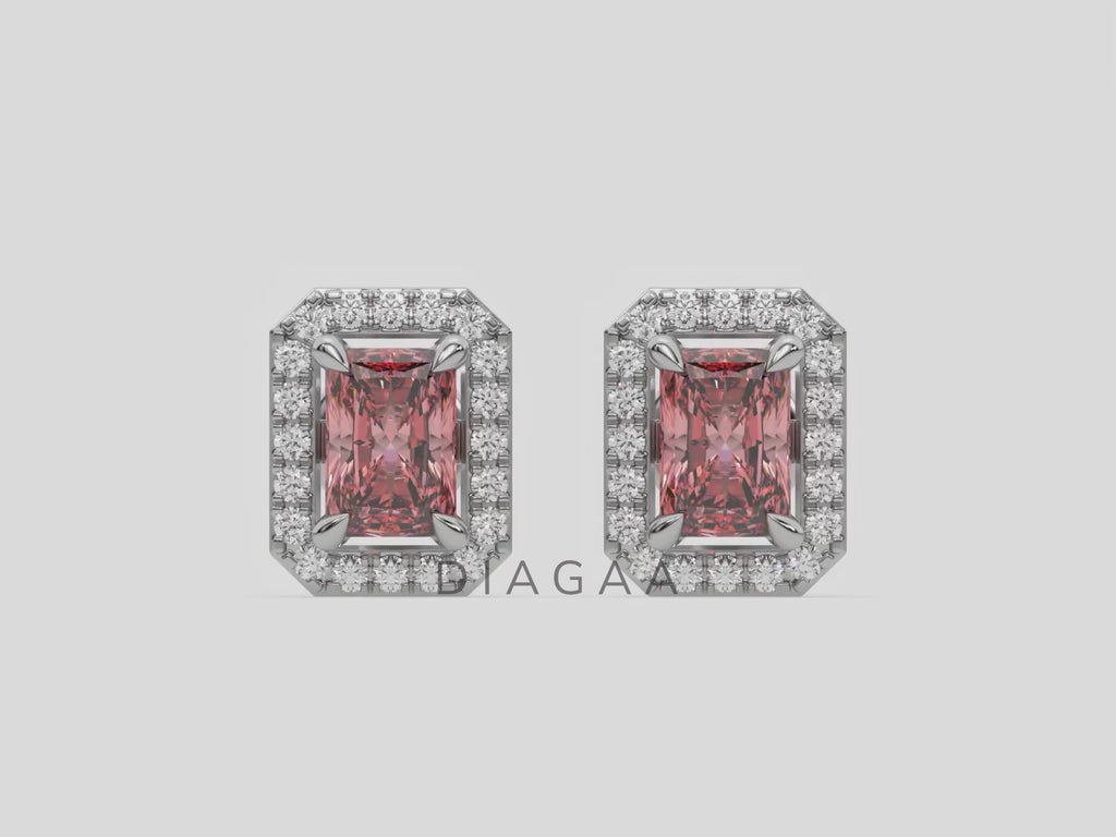 14K White Gold Radiant Halo Diamond Stud Earrings 