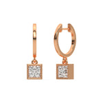 18k rose gold lab grown princess cut diamond dangling hoop earrings in bezel setting