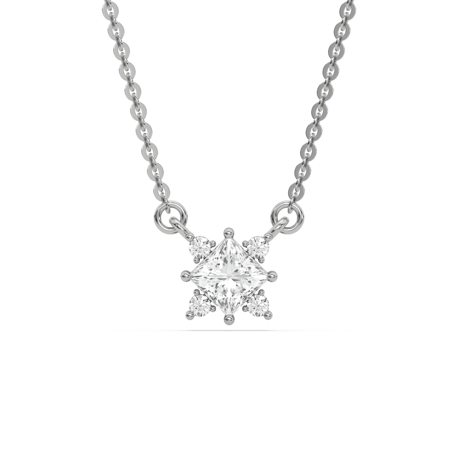 18K White Gold Princess and Round Diamond Cluster Necklace