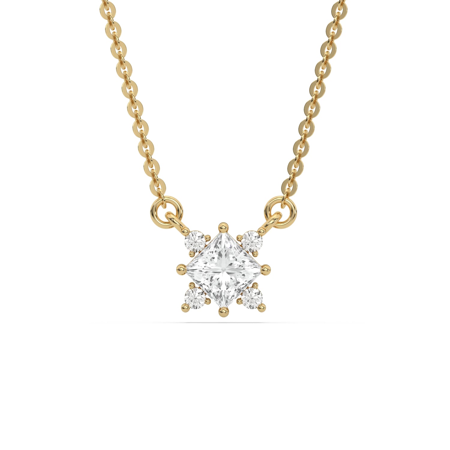 14K Yellow Gold Princess and Round Diamond Cluster Necklace