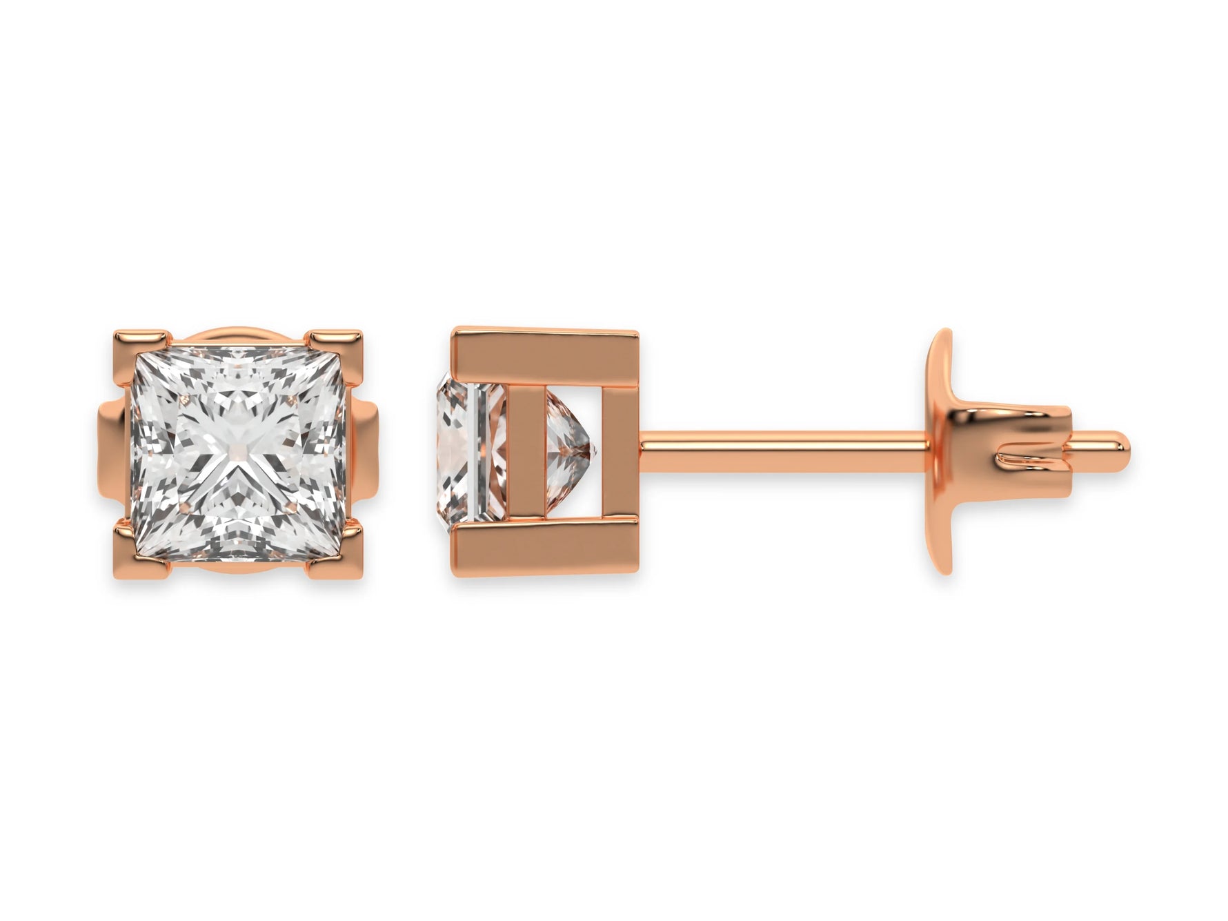 14k rose gold Princess Diamond Earrings made with a princess cut diamond set in a four v prong setting