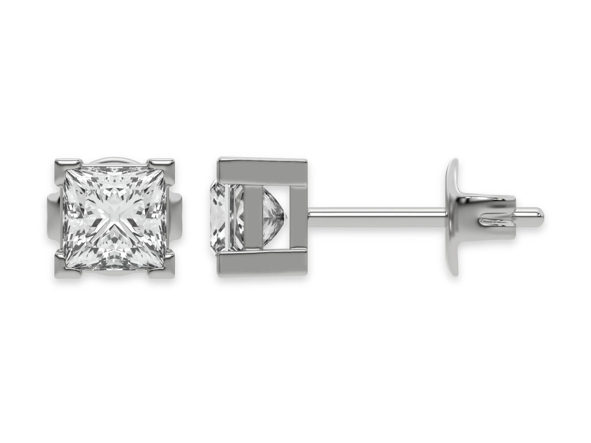 14k white gold Princess Diamond Earrings made with a princess cut diamond set in a four v prong setting