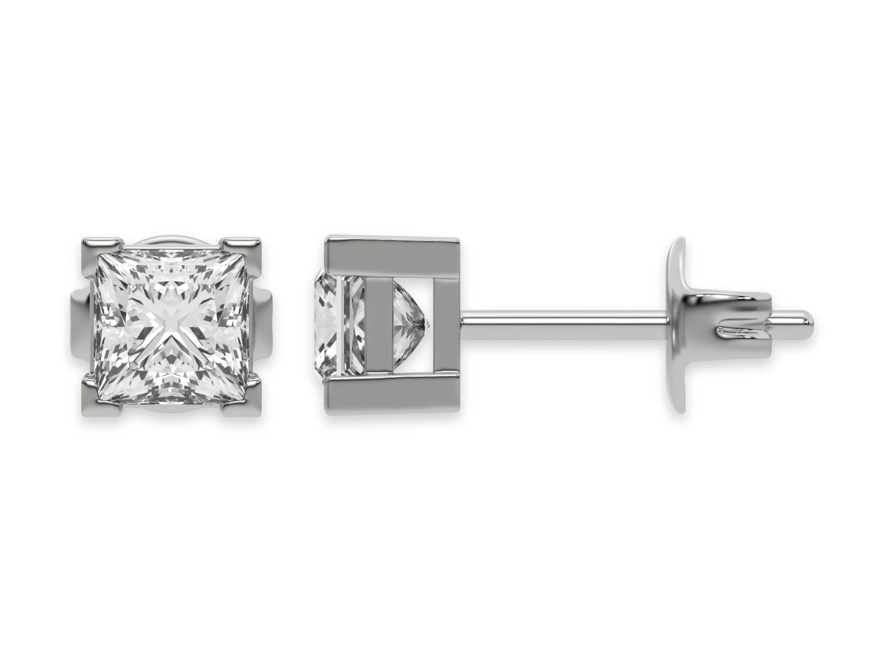14k white gold Princess Diamond Earrings made with a princess cut diamond set in a four v prong setting