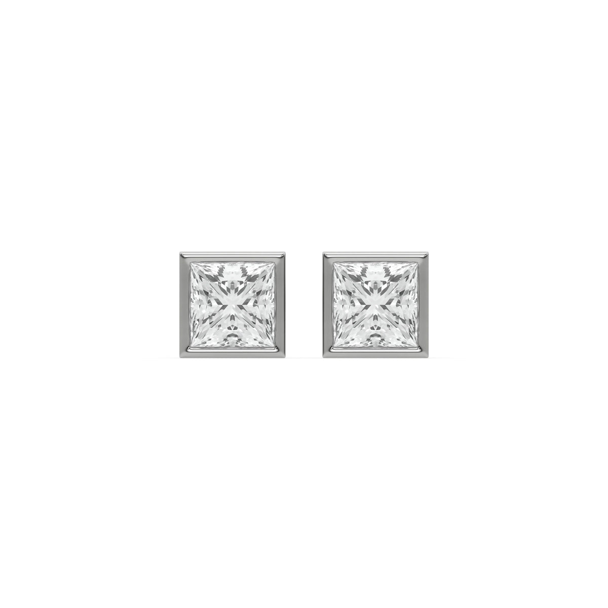 14k white gold lab grown princess cut diamond solitaire earrings in bezel