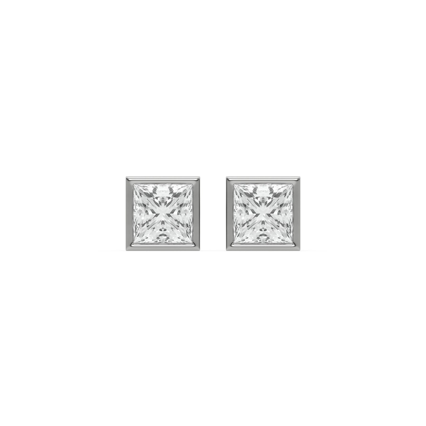 14k white gold lab grown princess cut diamond solitaire earrings in bezel