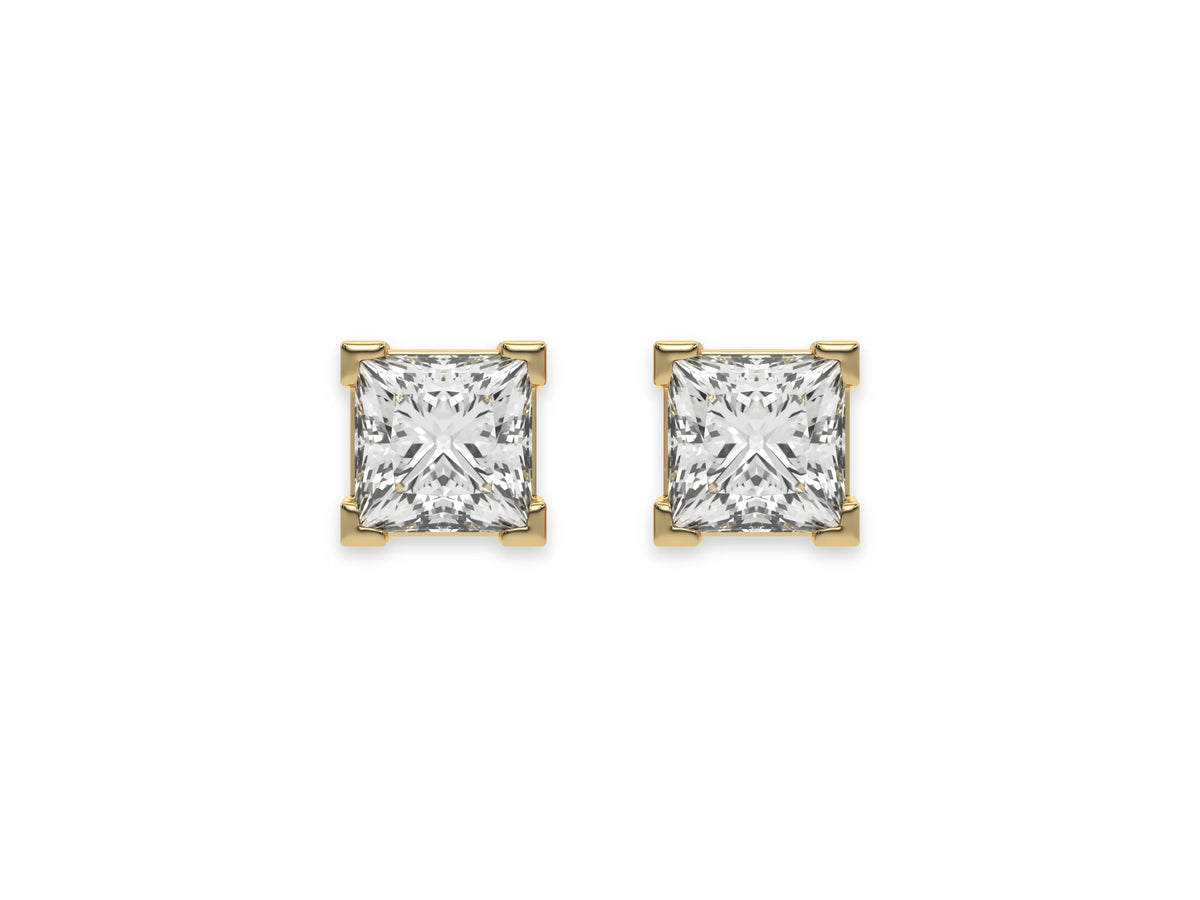 14k Yellow gold Princess Diamond Earrings made with a princess cut diamond set in a four v prong setting