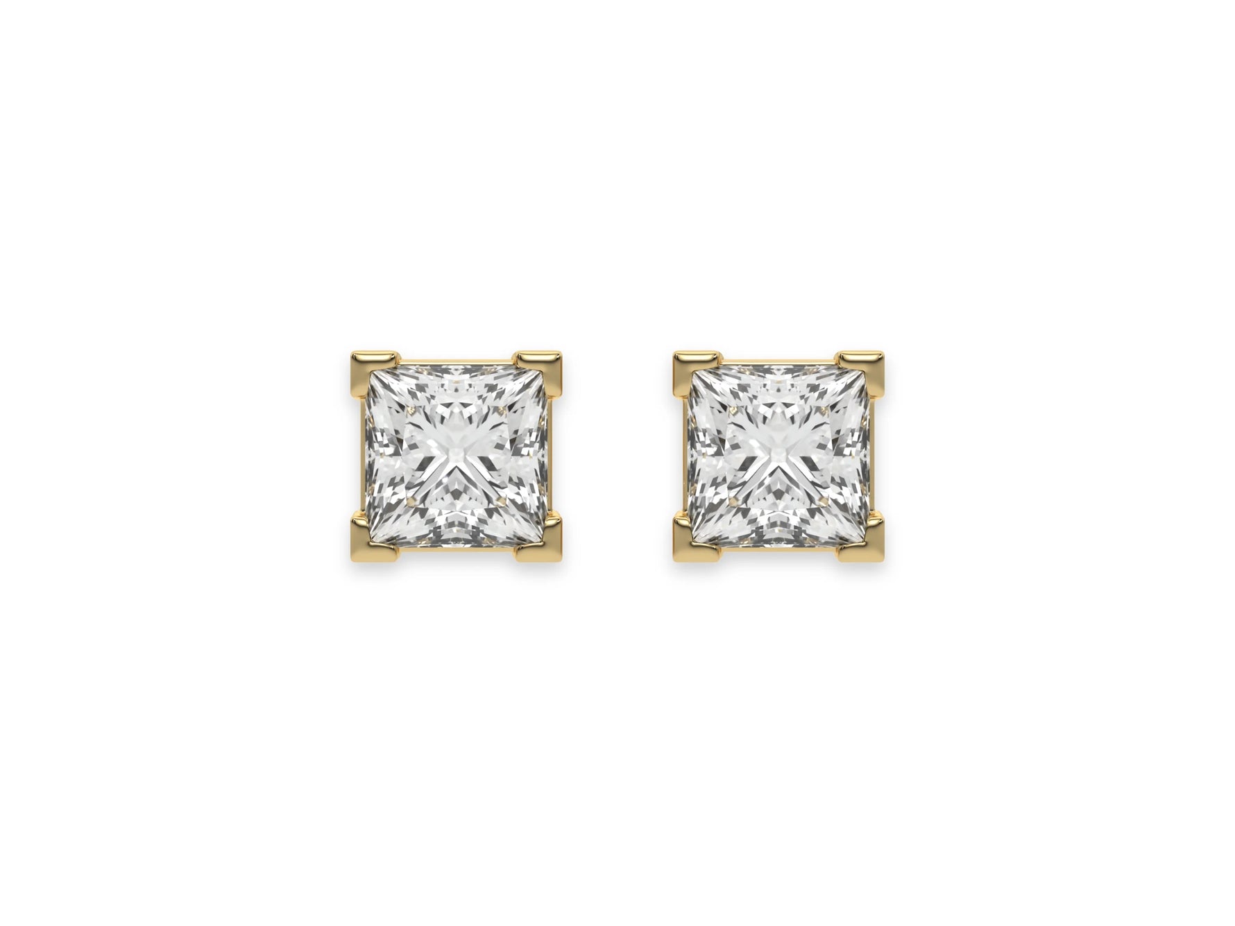 14k Yellow gold Princess Diamond Earrings made with a princess cut diamond set in a four v prong setting