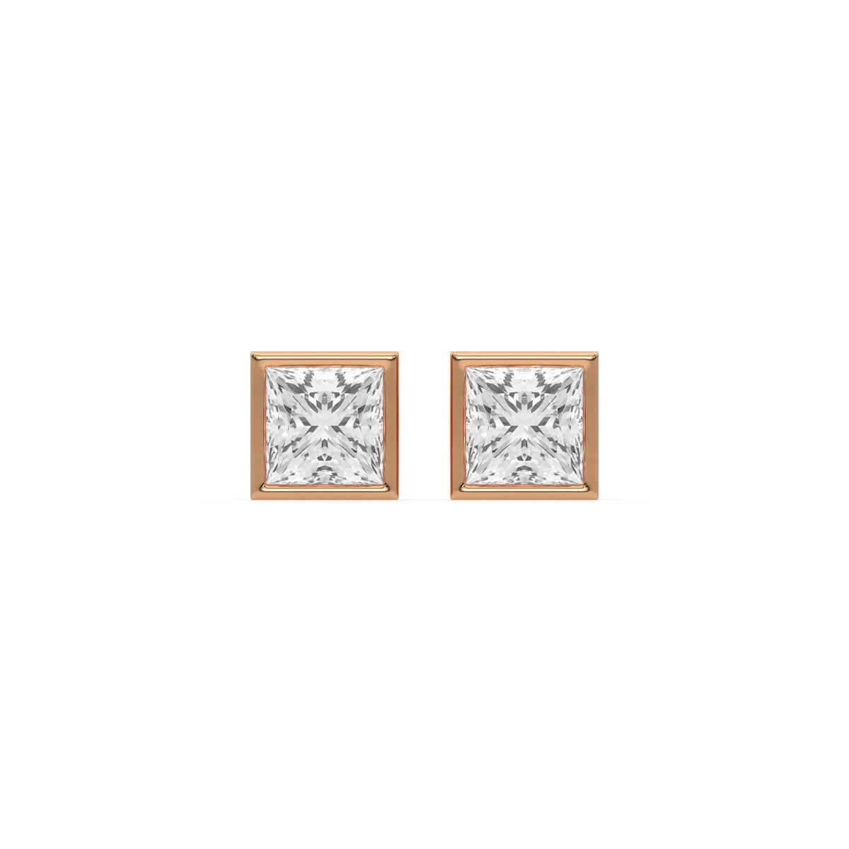 18k rose gold lab grown princess cut diamond solitaire earrings in bezel