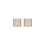 18k rose gold lab grown princess cut diamond solitaire earrings in bezel