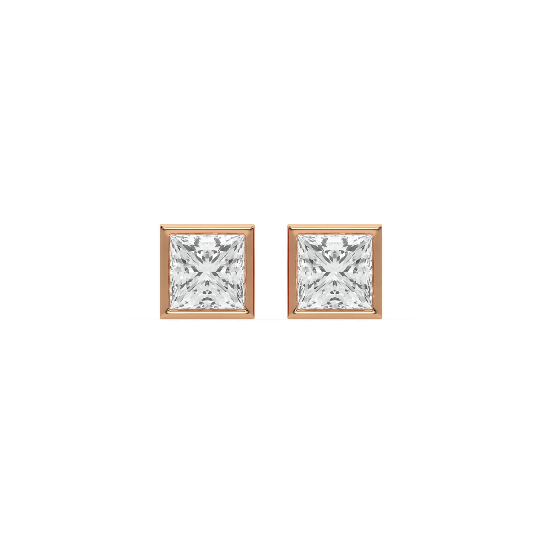 18k rose gold lab grown princess cut diamond solitaire earrings in bezel