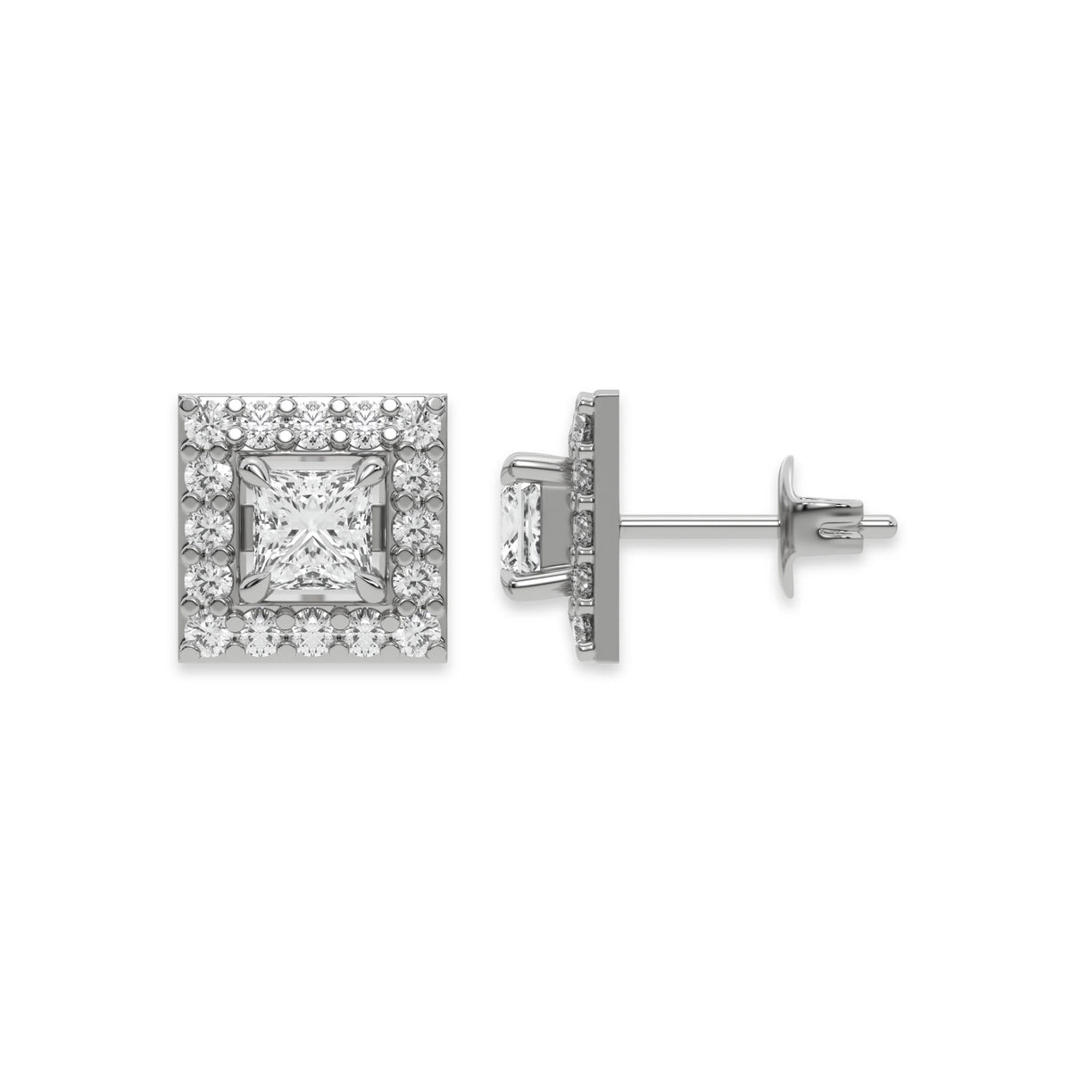 18k white gold Princess Diamond Halo Earrings made with a princess cut solitaire diamonds set in a four prong setting