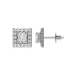 18k white gold Princess Diamond Halo Earrings made with a princess cut solitaire diamonds set in a four prong setting