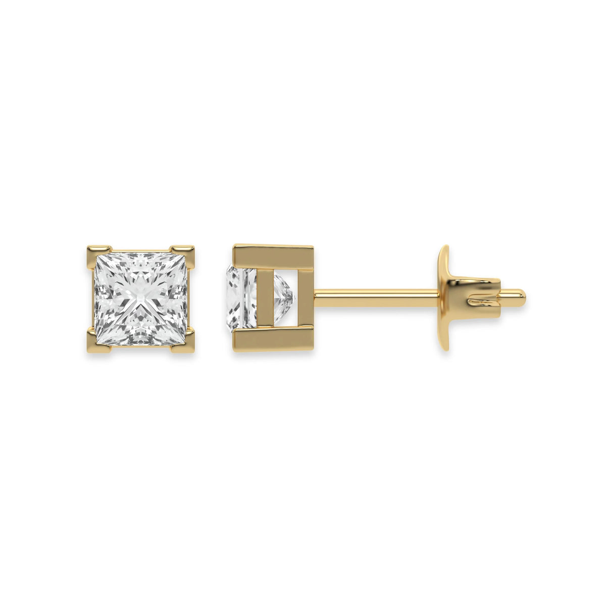 Detailed view of a square-cut princess diamond stud earring in prong-set and yellow gold fine jewelry piece with White background.