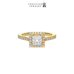 This yellow gold ring displayed in front view is made with a princess solitaire diamond set in four-prong setting