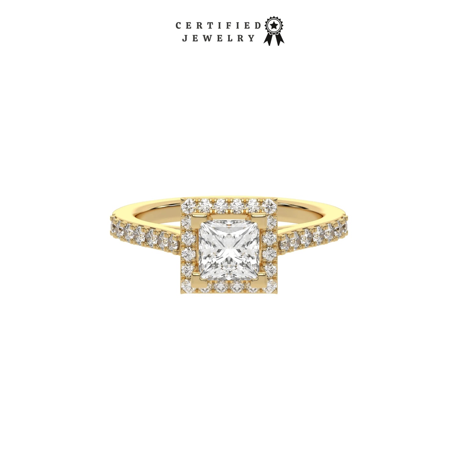 This yellow gold ring displayed in front view is made with a princess solitaire diamond set in four-prong setting