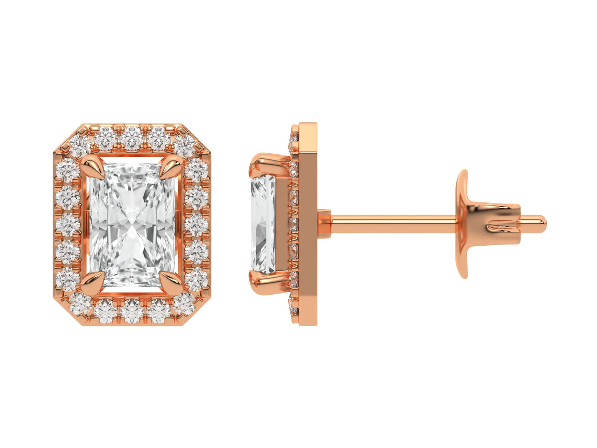 18k rose gold Radiant Diamond Halo Earrings made with a radiant-cut solitaire diamonds set in a four prong setting