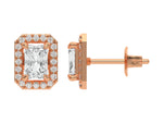 18k rose gold Radiant Diamond Halo Earrings made with a radiant-cut solitaire diamonds set in a four prong setting