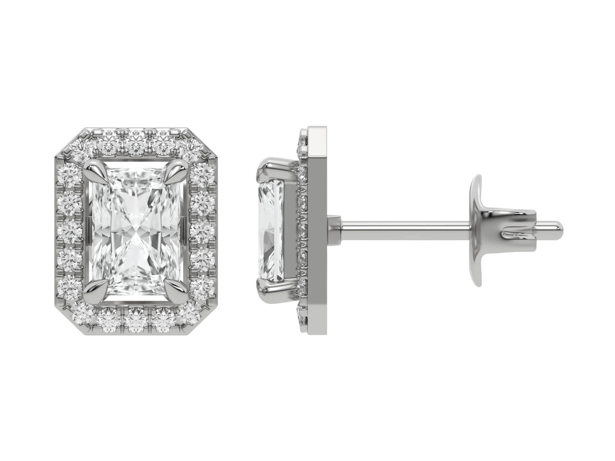 14k white gold Radiant Diamond Halo Earrings made with a radiant-cut solitaire diamonds set in a four prong setting