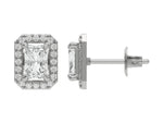 14k white gold Radiant Diamond Halo Earrings made with a radiant-cut solitaire diamonds set in a four prong setting