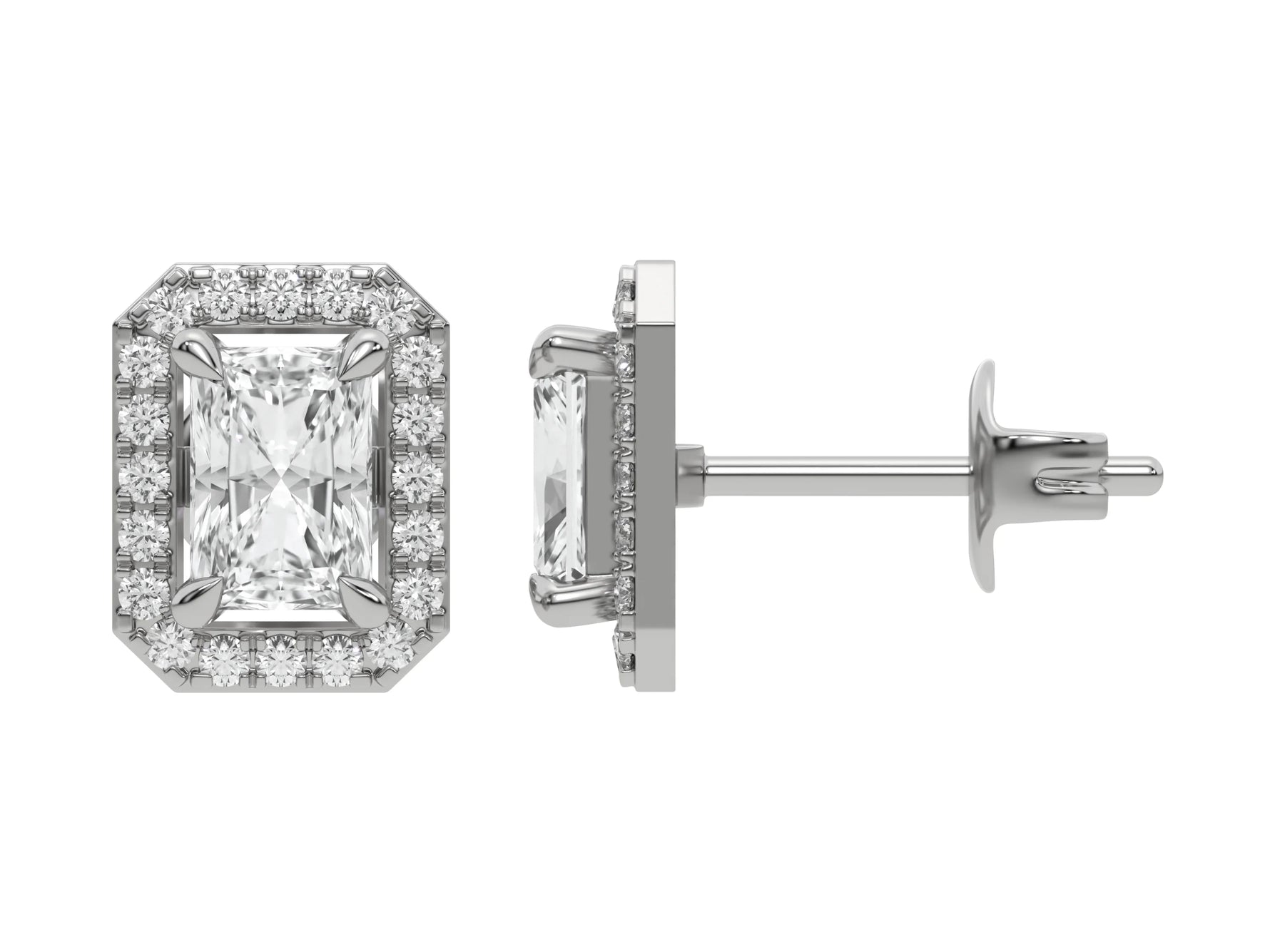 14k white gold Radiant Diamond Halo Earrings made with a radiant-cut solitaire diamonds set in a four prong setting