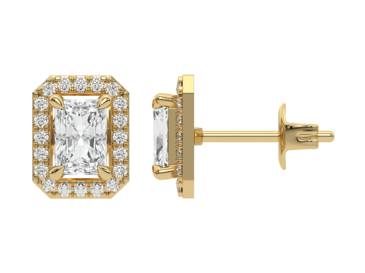 14k yellow gold Radiant Diamond Halo Earrings made with a radiant-cut solitaire diamonds set in a four prong setting