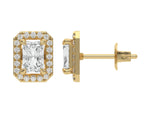 14k yellow gold Radiant Diamond Halo Earrings made with a radiant-cut solitaire diamonds set in a four prong setting