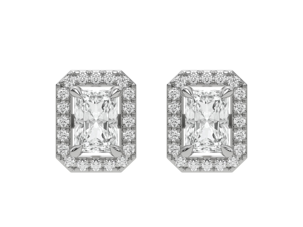 18k white gold Radiant Diamond Halo Earrings made with a radiant-cut solitaire diamonds set in a four prong setting