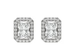 18k white gold Radiant Diamond Halo Earrings made with a radiant-cut solitaire diamonds set in a four prong setting
