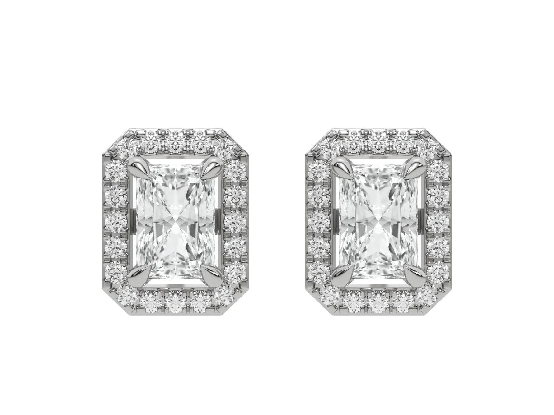18k white gold Radiant Diamond Halo Earrings made with a radiant-cut solitaire diamonds set in a four prong setting