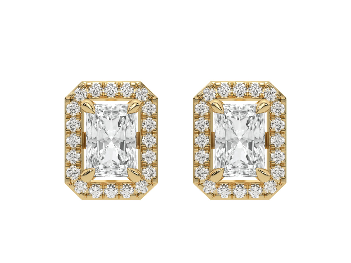 18k Yellow gold Radiant Diamond Halo Earrings made with a radiant-cut solitaire diamonds set in a four prong setting