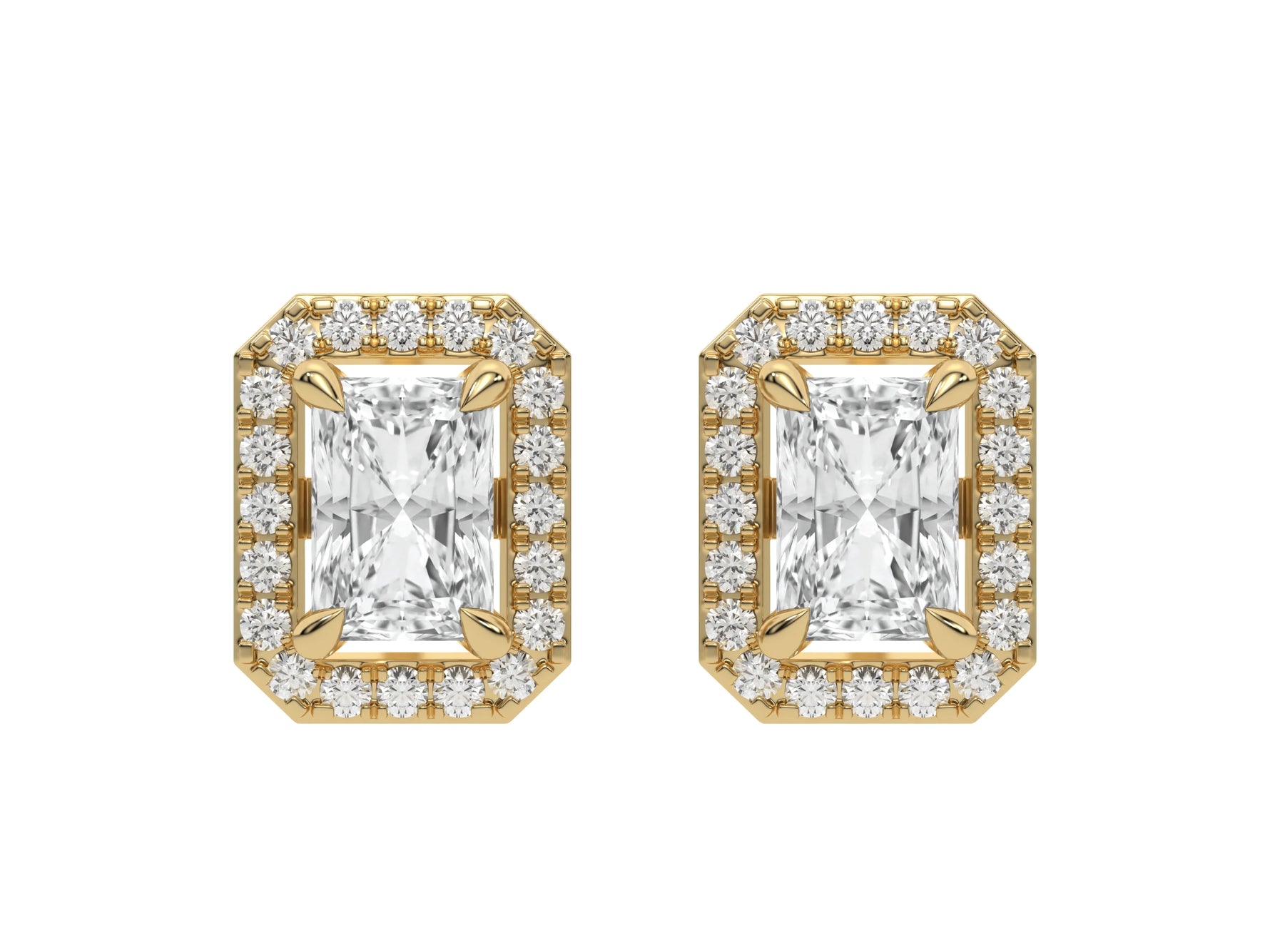 18k Yellow gold Radiant Diamond Halo Earrings made with a radiant-cut solitaire diamonds set in a four prong setting