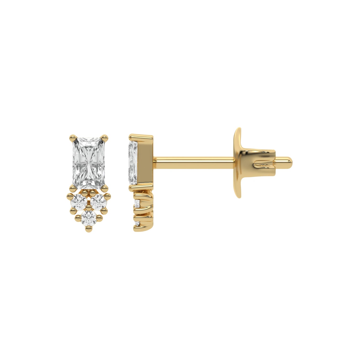 18k yellow gold radiant and round cut diamond cluster stud earrings set in prong setting.