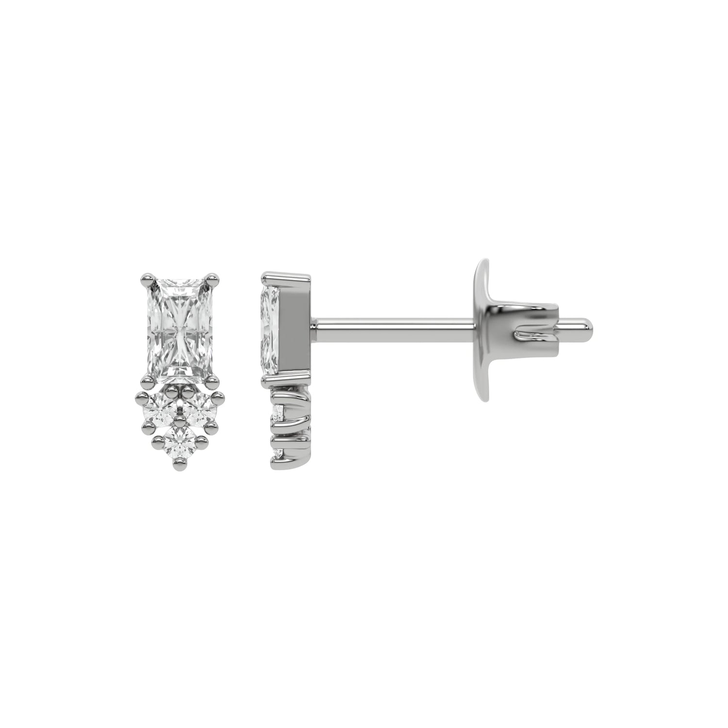 18k white gold radiant and round cut diamond cluster stud earrings set in prong setting.