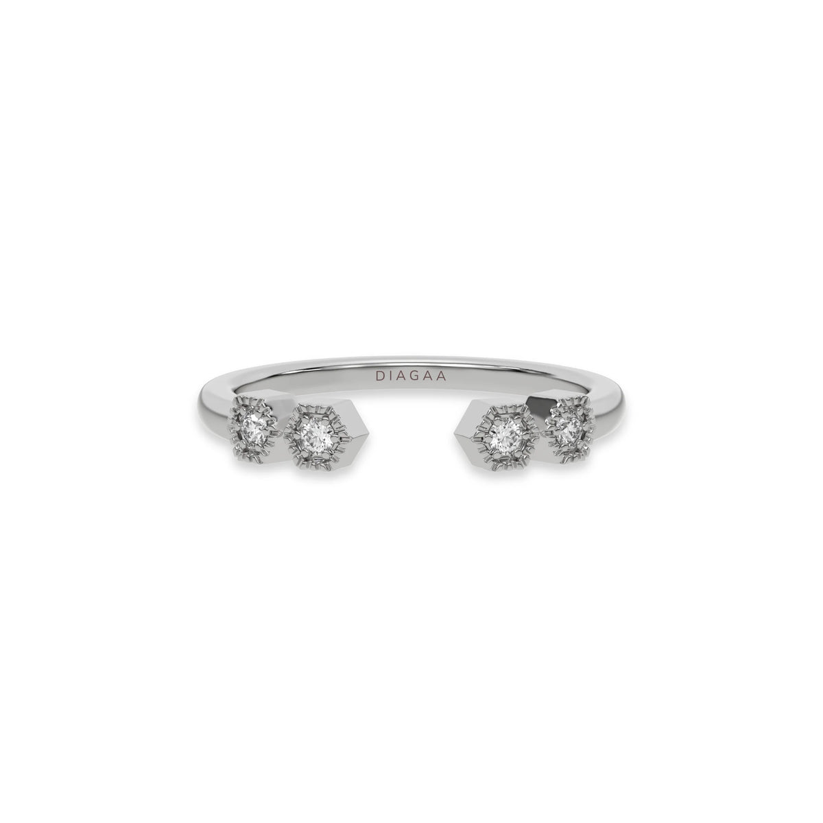 white gold open cuff ring by featuring four round diamonds in geometric hexagonal settings. Modern minimalist gap band.